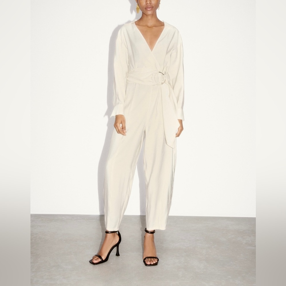 long sleeve wrap jumpsuit size small oyster white